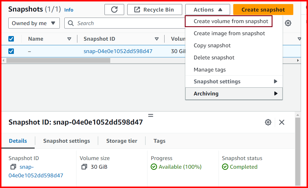 Picture showing the Create Volume menu option for creating the Volume from snapshot